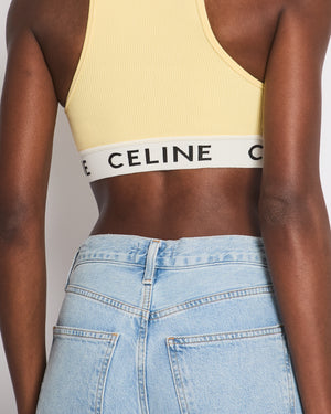 Celine Yellow Ribbed Cropped Vest Top with Logo Detail Size S (UK 8)