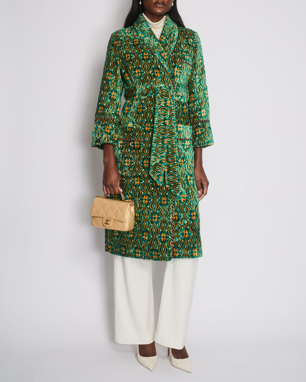 Gucci Long-Sleeve Green Velvet Robe with Multi Colour Floral Embellishment Detail Size IT 36 (UK 4)