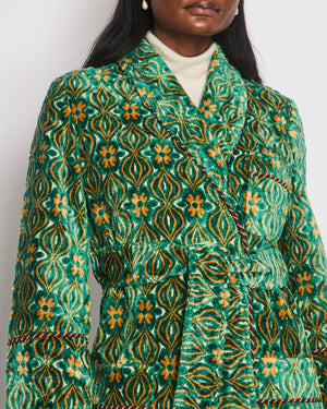 Gucci Long-Sleeve Green Velvet Robe with Multi Colour Floral Embellishment Detail Size IT 36 (UK 4)