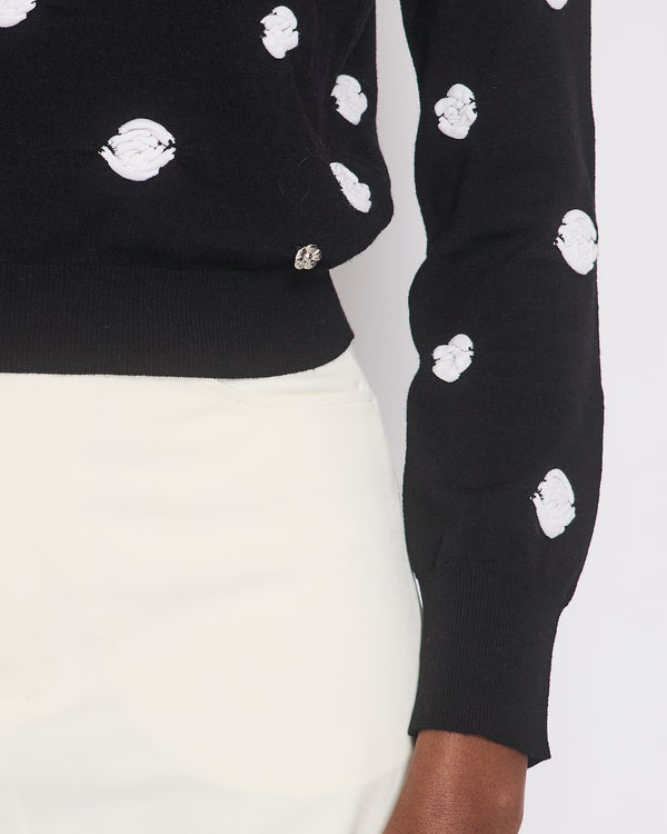 Chanel Black Knitted Jumper with Drop Shoulder Sleeves and White Camelia Knit Details FR 36 (UK 8)