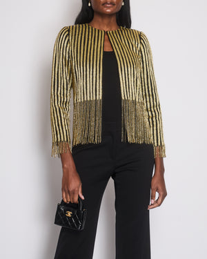 Oscar de la Renta Gold Stripe Embellished Silk Jacket With Fringe Detail Size 0 (UK 4)