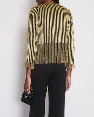 Oscar de la Renta Gold Stripe Embellished Silk Jacket With Fringe Detail Size 0 (UK 4)