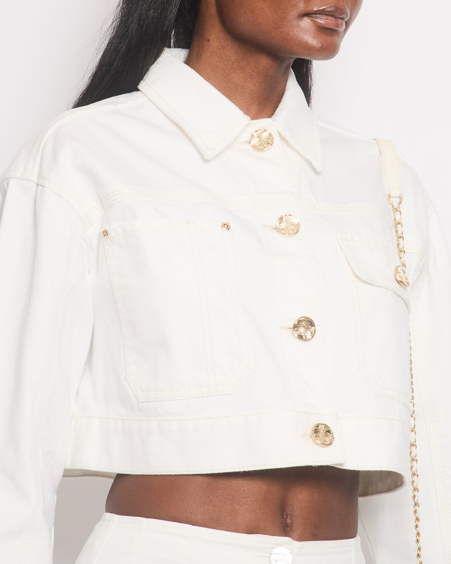 Zimmermann White Denim Cropped Jacket with Gold Button Details Size 0 (UK 6/8)