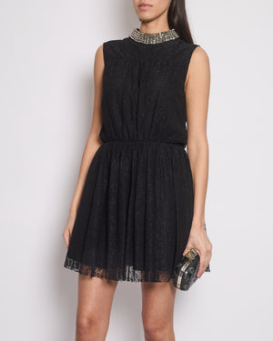 Saint Laurent Black Floral Lace Sleeveless Dress with Studded Neck Detail Size FR 38 (UK 10)