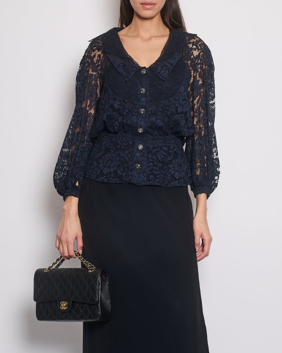 Chanel Navy Lace Long Sleeve Shirt with Ruthenium Buttons Detail Size FR 36 (UK 8)