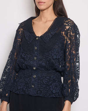 Chanel Navy Lace Long Sleeve Shirt with Ruthenium Buttons Detail Size FR 36 (UK 8)