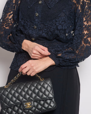 Chanel Navy Lace Long Sleeve Shirt with Ruthenium Buttons Detail Size FR 36 (UK 8)