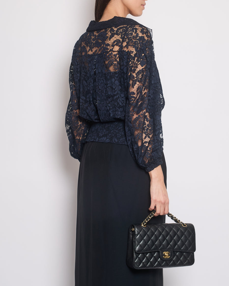 Chanel Navy Lace Long Sleeve Shirt with Ruthenium Buttons Detail Size FR 36 (UK 8)