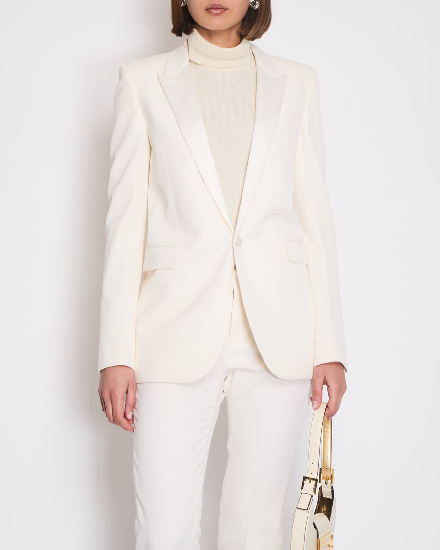 Saint Laurent Cream Suit Jacket and Trouser Set With Silk Lapel Detail Size FR 36 (UK 8)