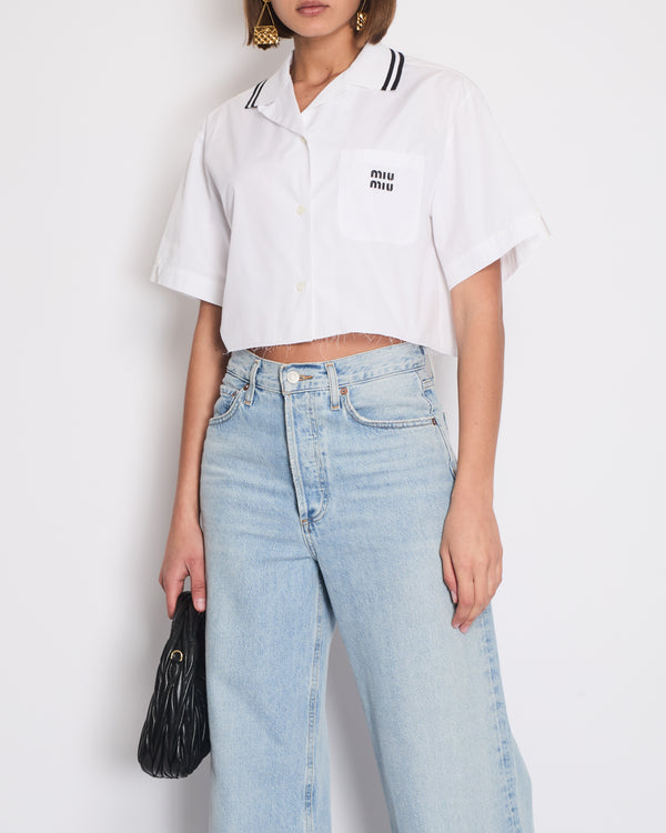 *HOT* Miu Miu Cropped White Short Sleeve Poplin Shirt With Logo Detail Size IT 36 (UK 6)