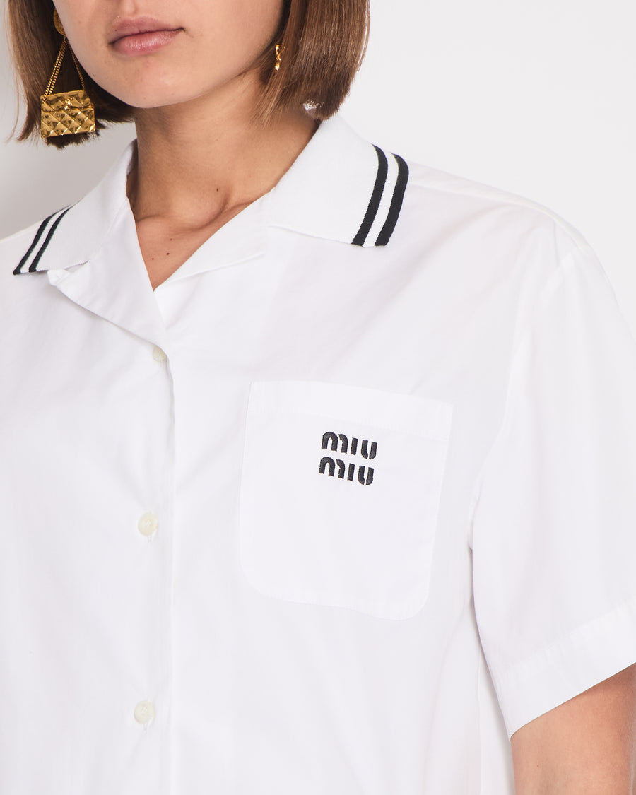 *HOT* Miu Miu Cropped White Short Sleeve Poplin Shirt With Logo Detail Size IT 36 (UK 6)