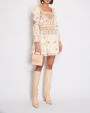 Ulla Johnson Cream Long Sleeve Mini Dress with Multi-Colour Cross Stitch Detail Size UK 8