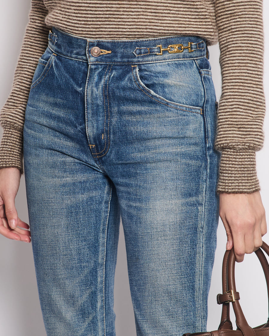 Celine Blue High-Waisted Flared Jeans with Gold Triomphe Waistband Detail Size 26 (UK 8)