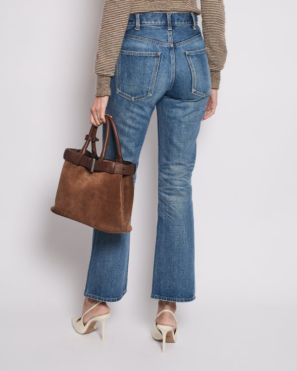 Celine Blue High-Waisted Flared Jeans with Gold Triomphe Waistband Detail Size 26 (UK 8)