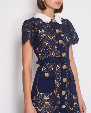 Self-Portrait Navy Short Sleeve Crochet Midi Dress Size UK 6 (US 2)