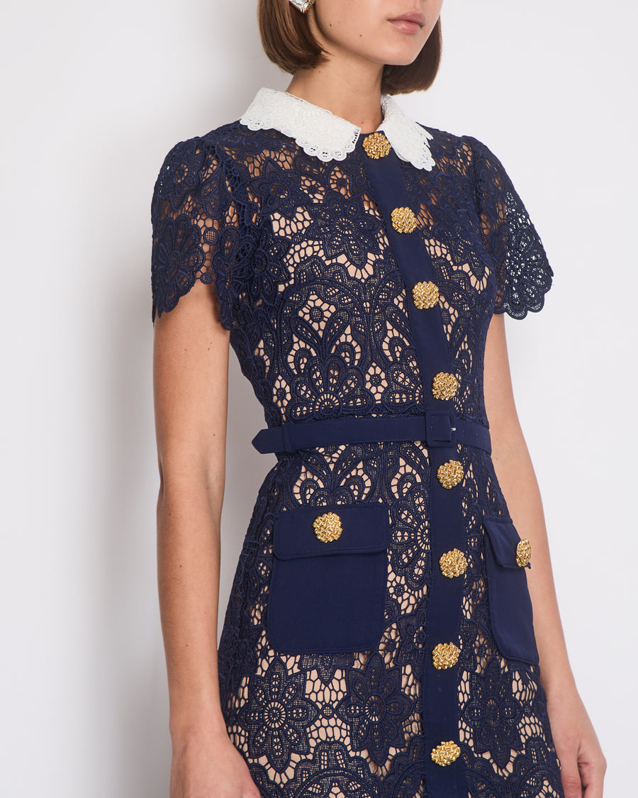 Self-Portrait Navy Short Sleeve Crochet Midi Dress Size UK 6 (US 2)