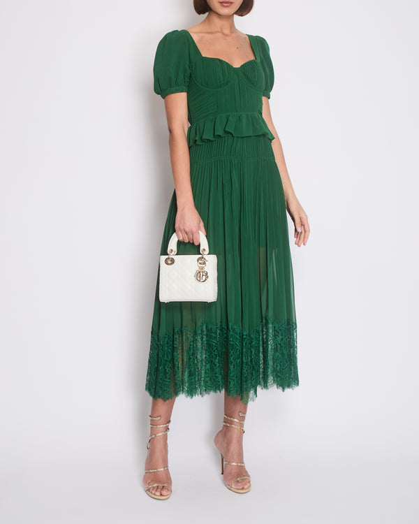 Self-Portrait Green Short Sleeve Pleated Midi Dress Size UK 8 (US 4)