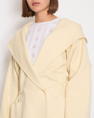 Max Mara Pale Yellow Hooded Wool Coat With Drawstring Waist Detail Size IT 42 (UK 10)