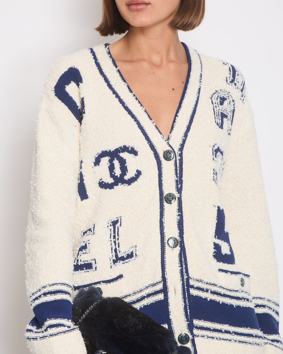 Chanel White, Blue Varsity Style Cardigan with "31" Logo Buttons Detail Size FR 38 (UK 10)