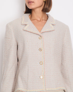 Chanel Pastel Blue, Pink and Beige Tweed Jacket with Transparent CC Logo Button Details Size FR 44 (UK 16)