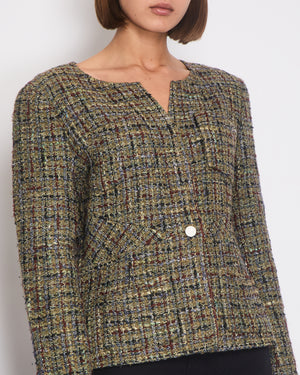 Chanel 03/P Khaki Green, Brown and Navy Checked Collarless Tweed Jacket with Front Pocket and Chanel Button Details Size FR 44 (UK 16)