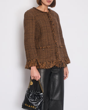 Chanel Brown, Black Checked Tweed Jacket with Frilled Hem and Cuff Details Size FR 46 (UK 18)