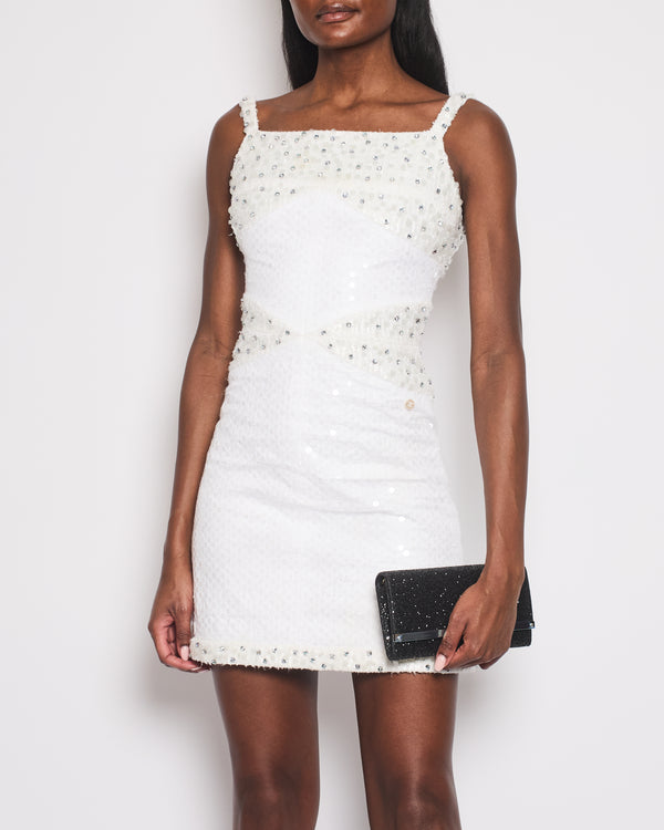 Chanel Pearl White Sleeveless Sequin and Crystal Embellished Mini Dress with Pearl CC Logo Detail Size FR 36 (UK 8)