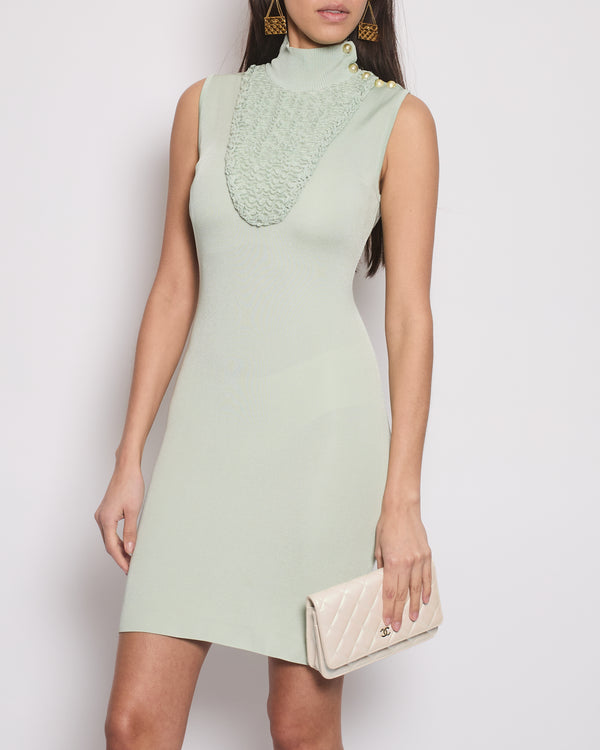 Chanel Pastel Green Textured Sleeveless Midi Dress with CC Pearl Button Details Size FR 36 (UK 8)