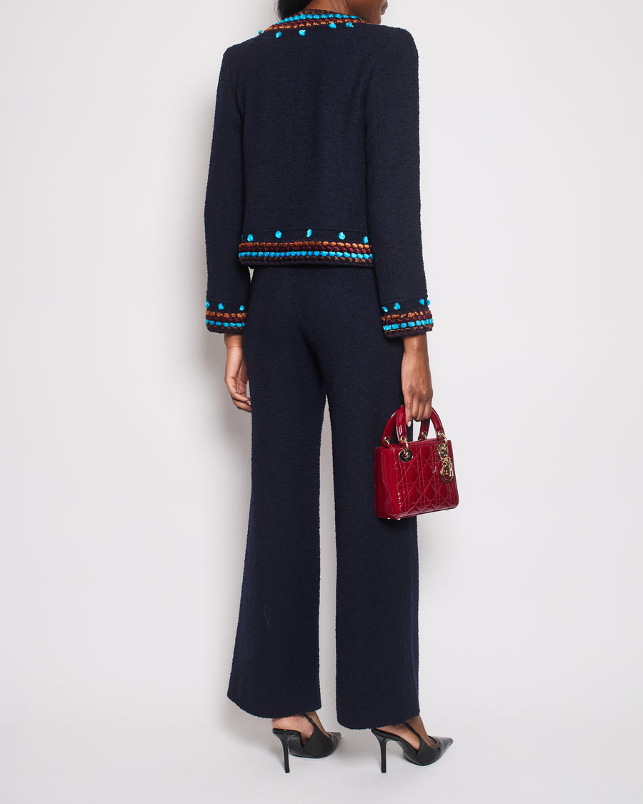 Chanel for Bergdorf Goodman AW/97 Navy Boucle Cropped Jacket with Matching Trousers Size FR 36 (UK 8)