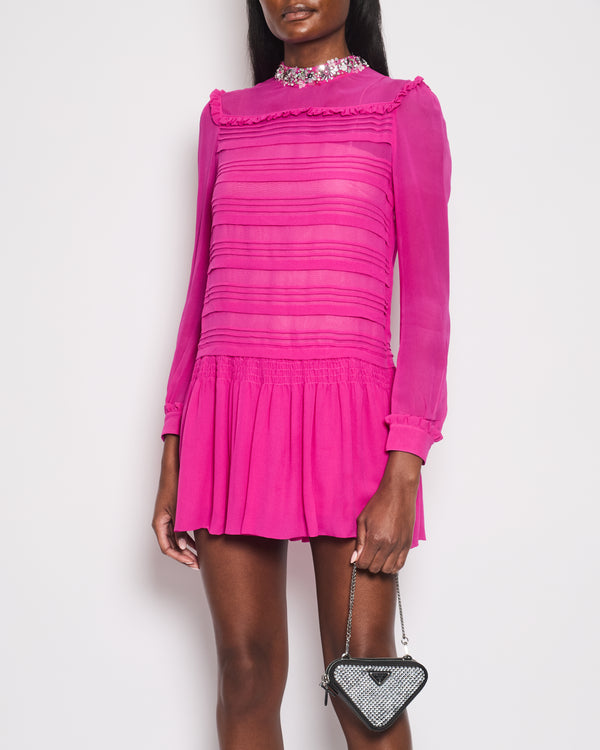 Miu Miu Fuchsia Long Sleeve Pleated Mini Dress with Embellished Neck Detail Size IT 38 (UK 6)