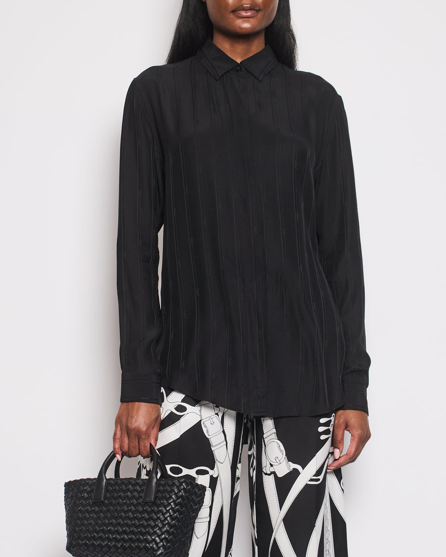 Saint Laurent Black Silk Long-Sleeve Button Down Blouse with Logo Print Size FR 38 (UK 10)