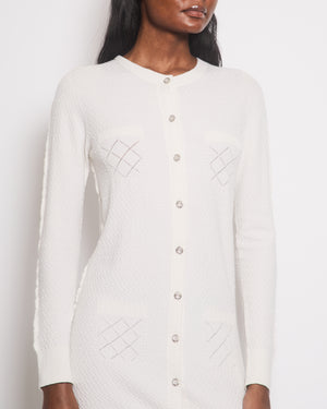 *HOT* Chanel 22A Ivory Long-Line Cashmere Cardigan with Crystal CC Buttons Detail Size FR 38 (UK 10)