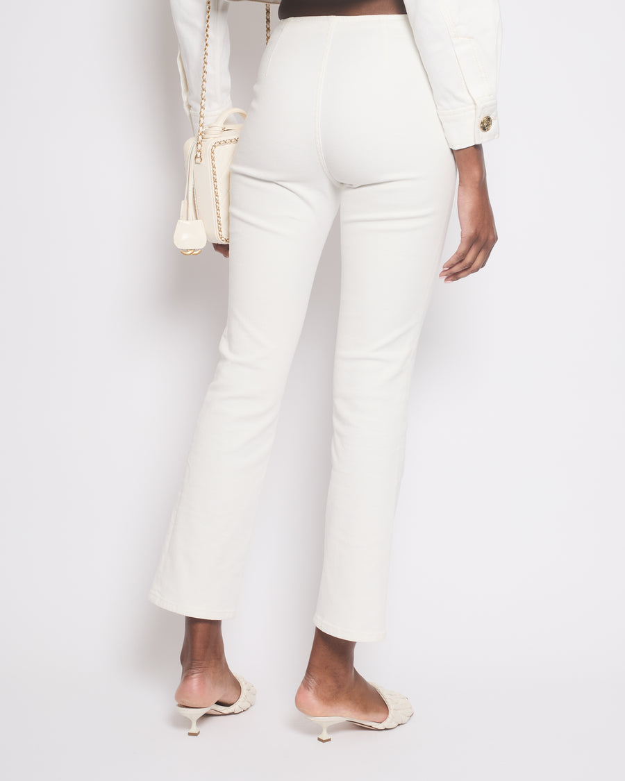 Chanel 24P White Denim Straight Leg Jeans with Pockets and Cut Out Floral Embroidery Size FR 36 (UK 8) RRP £2750