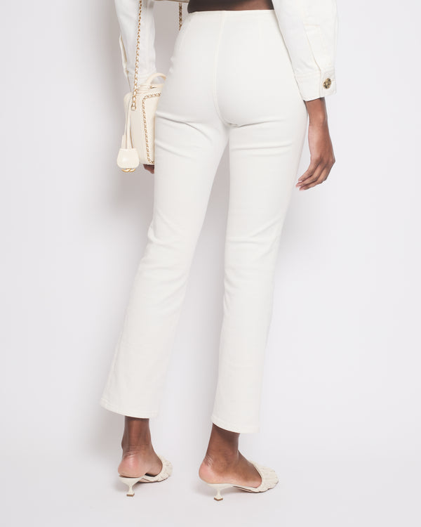 Chanel 24P White Denim Straight Leg Jeans with Pockets and Cut Out Floral Embroidery Size FR 36 (UK 8) RRP £2750