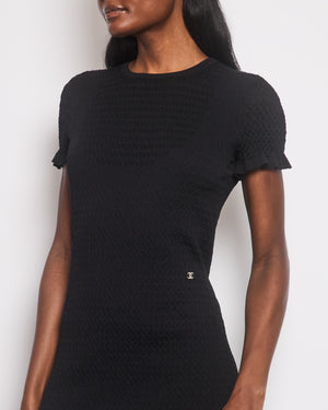 Chanel Black Short Sleeve Knitted Dress with Crystal CC Logo and Ruffle Hem Details Size FR 36 (UK 8)