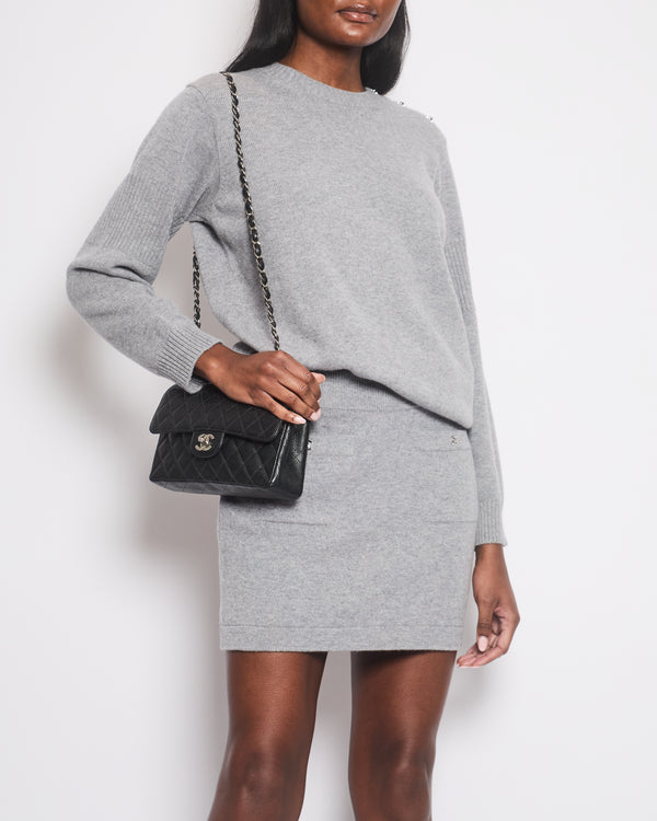 *HOT* Chanel 24B Grey Cashmere Jumper and Mini Skirt Set with Silver CC Buttons Details Size FR 36 (UK 8)