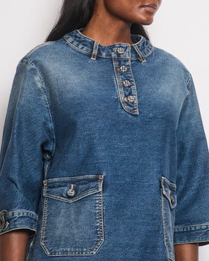 *HOT* Chanel 24S Denim Cropped Top with 3/4 Sleeves 
Floral Crystal CC Buttons Detail Size FR 36 (UK 8) RRP £3,450