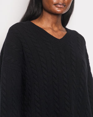 Loewe Black V-Neck Anagram Oversized Cable Knit Jumper Size S (UK 8)