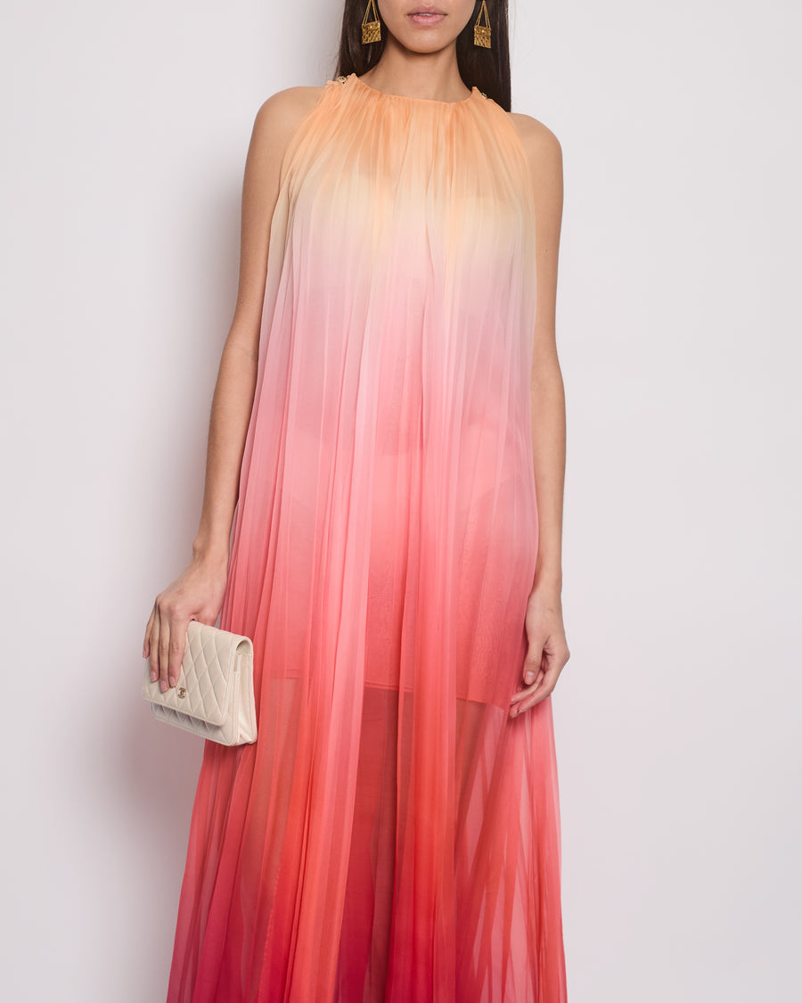 Chanel 20A Ombre Pink, Peach and Orange Silk Pleated Sleeveless Midi Dress Size FR 34 (UK 6) RRP £5,500