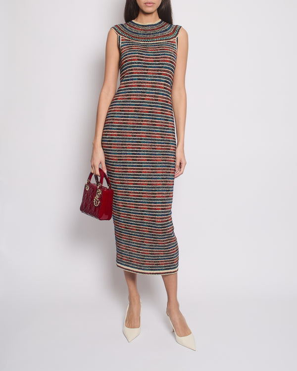 *RARE* Chanel 19A Egypt Collection Metallic Gold, Red and Blue Sleeveless Knitted Midi Dress Size FR 34 (UK 6) RRP £2,150