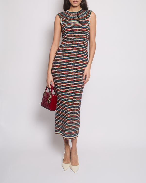 *RARE* Chanel 19A Egypt Collection Metallic Gold, Red and Blue Sleeveless Knitted Midi Dress Size FR 34 (UK 6) RRP £2,150