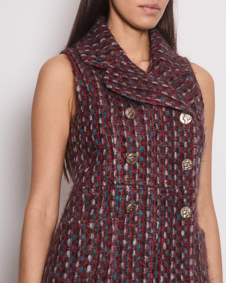 Chanel 16P Mohair Red 
Blue Tweed Gilet Jacket With Bronze Button Detail Size FR 36 (UK 8)