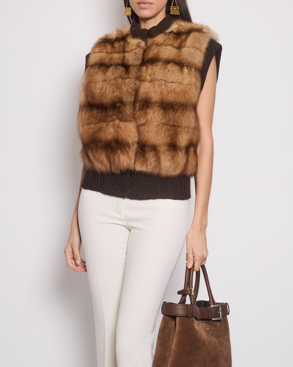 Exclusive - M Brown Sable Fur Gilet with Knitted Trim Detail Size IT 42 (UK 10)