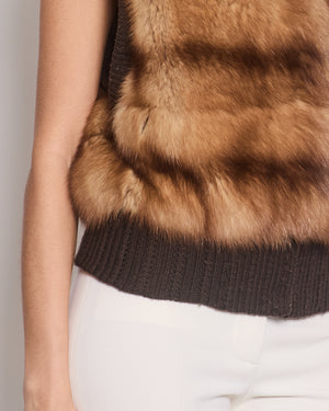 Exclusive - M Brown Sable Fur Gilet with Knitted Trim Detail Size IT 42 (UK 10)