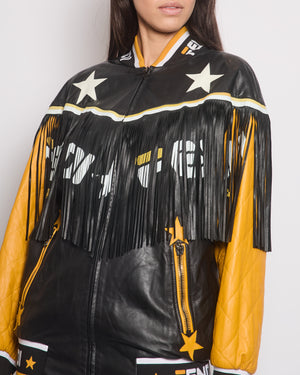 Fendi Yellow 
Black Leather Jacked With Fringe 
Logo Detail Size IT 40 (UK 8)