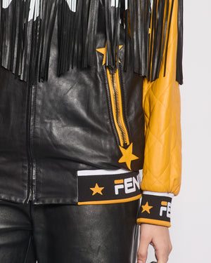 Fendi Yellow 
Black Leather Jacked With Fringe 
Logo Detail Size IT 40 (UK 8)