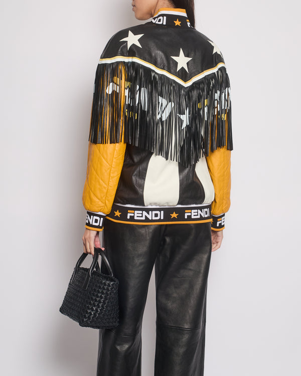 Fendi Yellow 
Black Leather Jacked With Fringe 
Logo Detail Size IT 40 (UK 8)