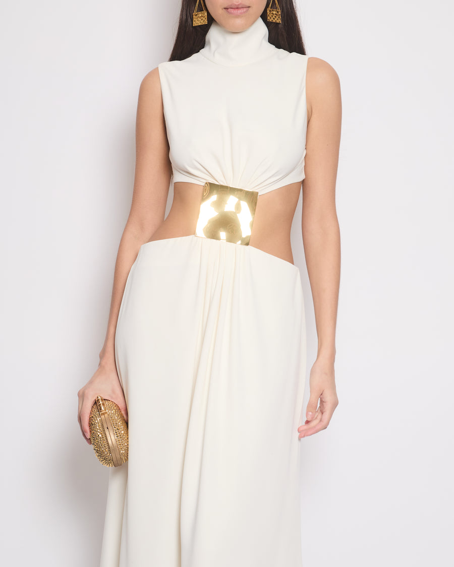 Alexis White Mid Neck Sleeveless Maxi Dress with Gold Buckle Detail Size XS (UK 6)