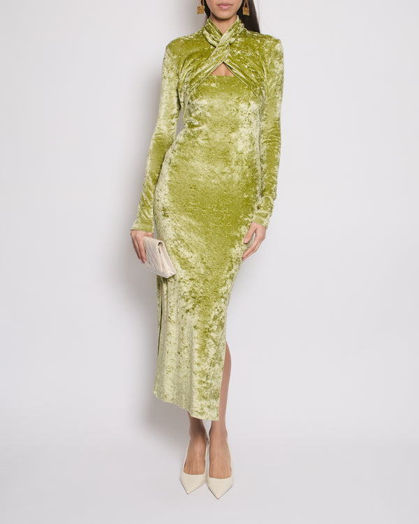 Nanushka Sage Green Franci Long Sleeve Crushed Velvet Maxi Dress Size XS (UK 6) RRP £575