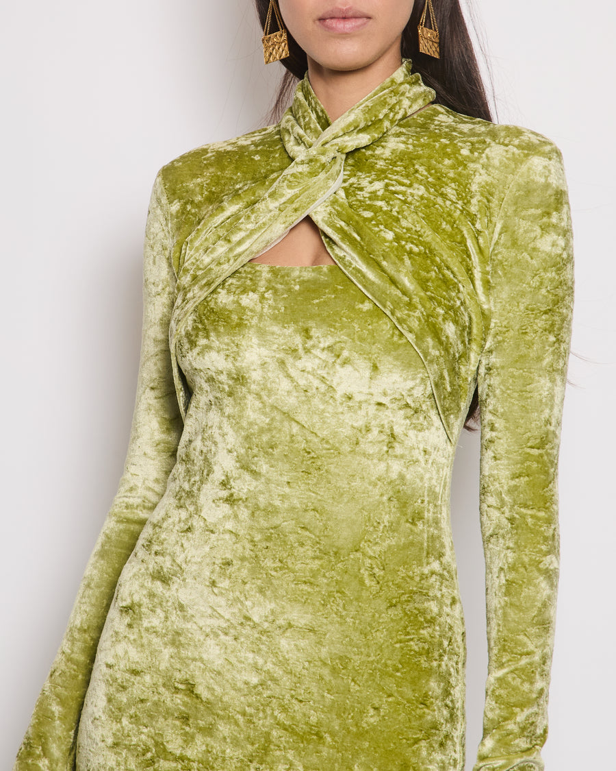 Nanushka Sage Green Franci Long Sleeve Crushed Velvet Maxi Dress Size XS (UK 6) RRP £575